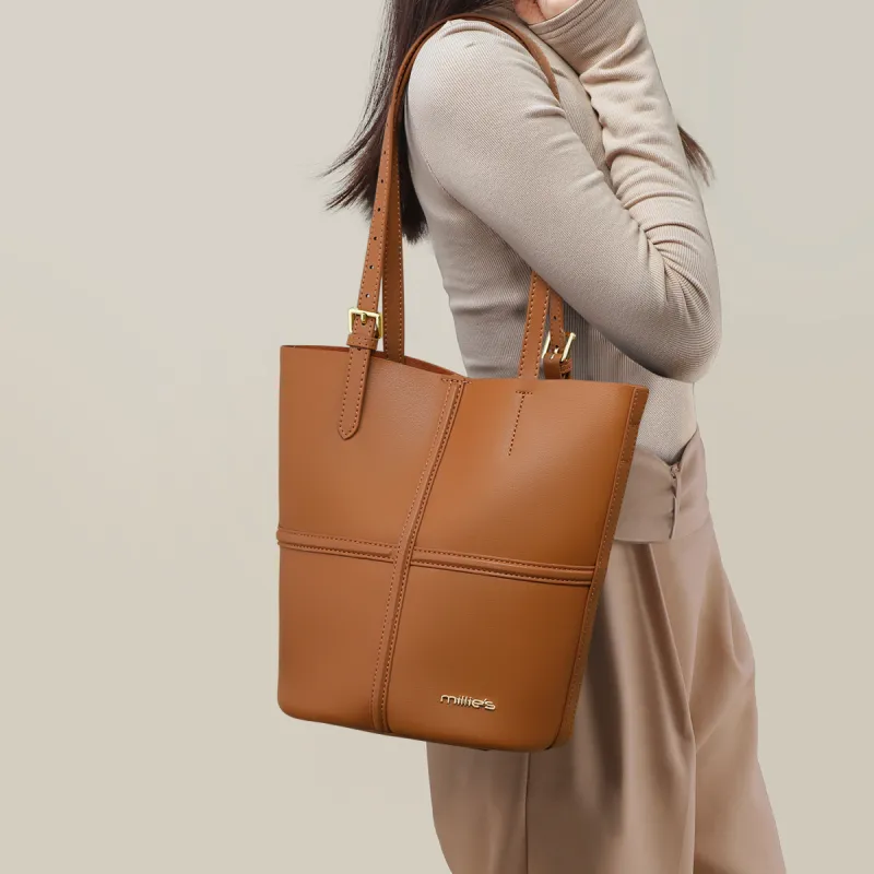 MILLIE'S Cow Leather Shoulder Bag Regular Women's Coffee/Cookie-6