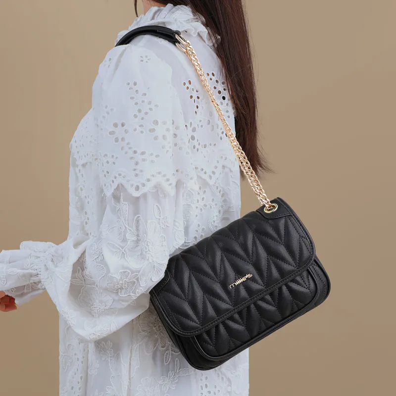 MILLIE'S Cow Leather Patchwork Synthetic Leather Crossbody Bag Shoulder Bag Small Square Bag Regular Women's Black-3