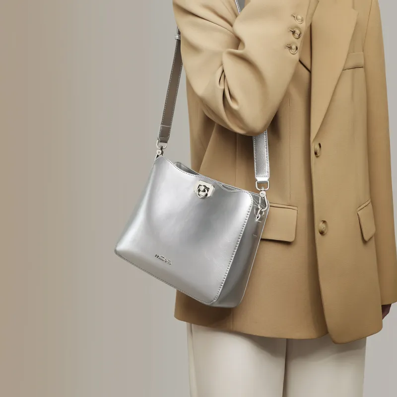 MILLIE'S Synthetic Leather Shoulder Bag, Crossbody Bag, Bucket Bag Women's Silver-1