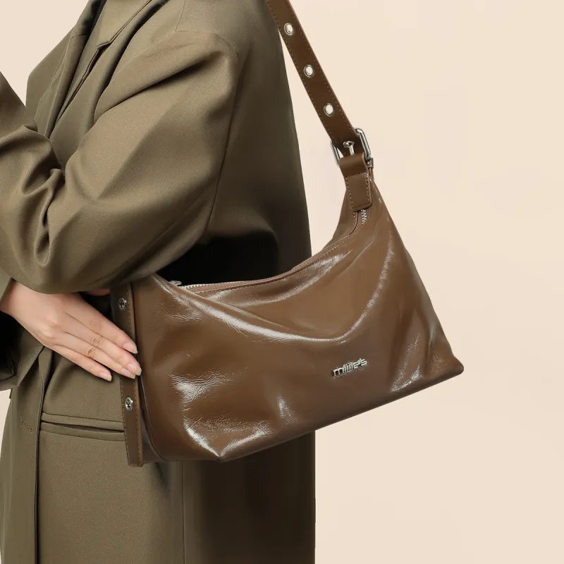 MILLIE'S Cow Leather Underarm Shoulder Bag, Crossbody Bag, Bucket Bag Women's Brown-1
