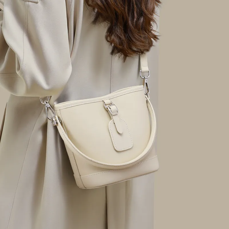 MILLIE'S Cow Leather Shoulder Bag, Crossbody Bag, Handbag, Bucket Bag Regular Women's Ecru/Coffee-1