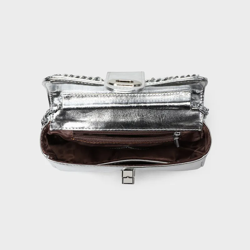 MILLIE'S Cow Leather Patchwork Synthetic Leather One Shoulder Chain Saddle Bag Crossbody Bag Regular Women's Silver-4