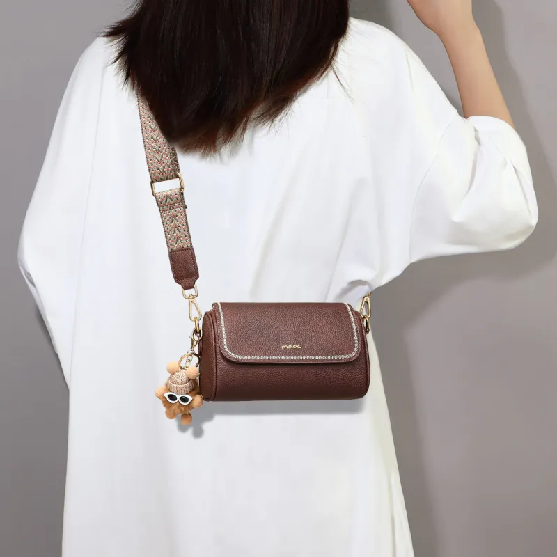 MILLIE'S Cow Leather With Synthetic Leather Pillow Bag, Cylinder Bag, Shoulder Bag, Crossbody Bag Women's Coffee-2
