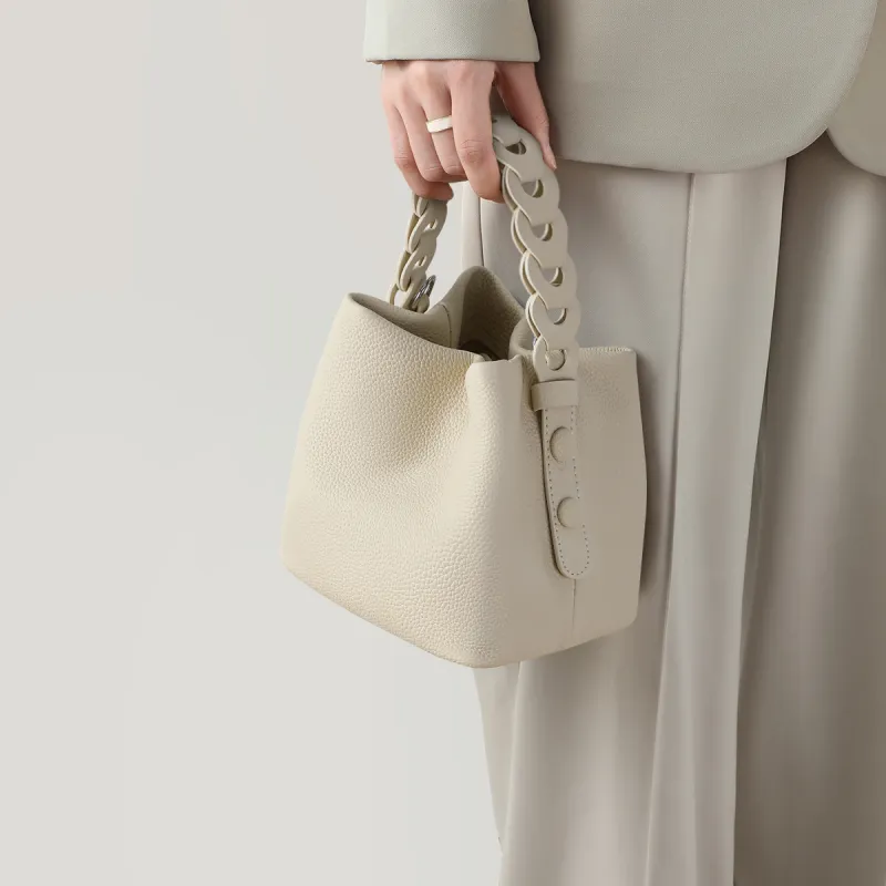 MILLIE'S Cow Leather With Synthetic Leather Bucket Bag, One Shoulder Handbag Regular Women's White-1