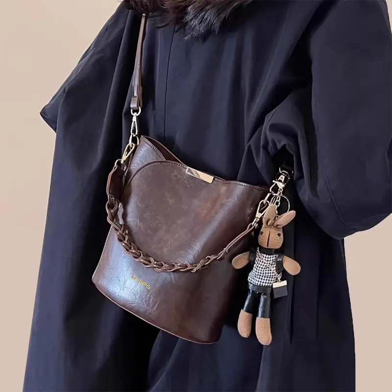 MILLIE'S Cow Leather With Synthetic Leather Portable One Shoulder Bucket Bag, Crossbody Bag Regular Women's Coffee-2