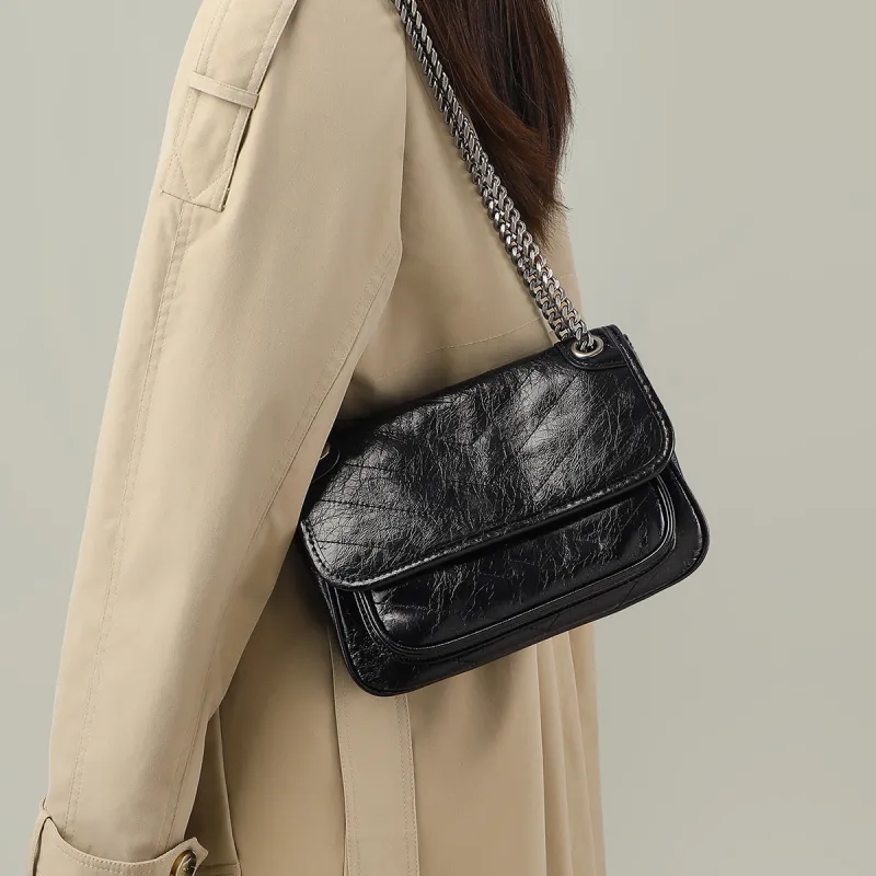 MILLIE'S Cow Leather Patchwork Synthetic Leather Shoulder Bag Crossbody Bag Chain Messenger Bag Regular Women's Black-1