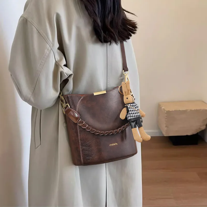 MILLIE'S Cow Leather With Synthetic Leather Portable One Shoulder Bucket Bag, Crossbody Bag Regular Women's Coffee-3