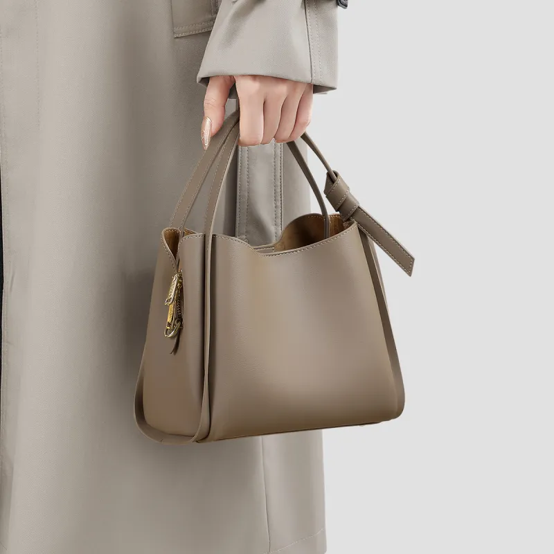 MILLIE'S Cow Leather Shoulder Bag, Crossbody Bag, Handbag Regular Women's Light Apricot/Gray White-2
