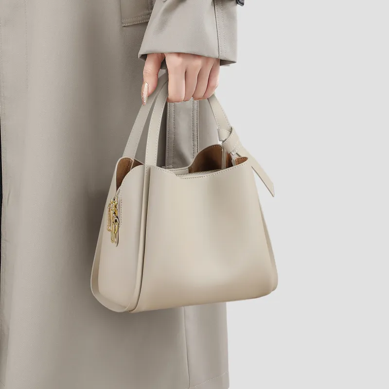 MILLIE'S Cow Leather Shoulder Bag, Crossbody Bag, Handbag Regular Women's Light Apricot/Gray White-9