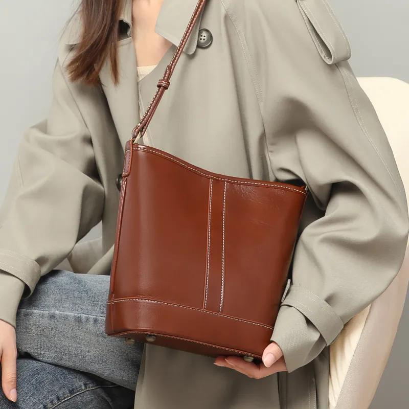 MILLIE'S Cow Leather Bonded Synthetic Leather Bucket Bags Shoulder Bags Regular Women's Wine Coffee/Brown-7