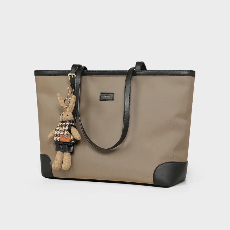 MILLIE'S _Argument Fabric With Synthetic Leather Tote Bag Shoulder Bag Large Size Women's Gray Coffee-2