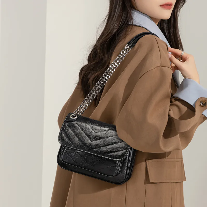 MILLIE'S Cow Leather Patchwork Synthetic Leather Shoulder Bag Crossbody Bag Chain Messenger Bag Regular Women's Black-2