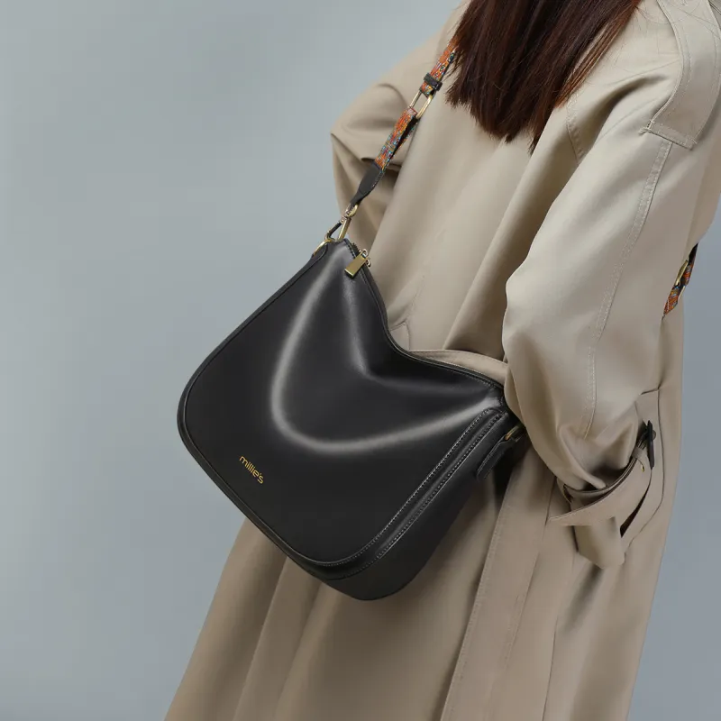 MILLIE'S Cow Leather Patchwork Synthetic Leather Saddle Bag Shoulder Bag Regular Women's Coffee/Black-6