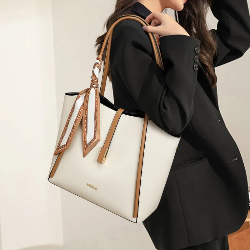 MILLIE'S Cow Leather With Synthetic Leather Tote Bag, Shopping Bag, Handbag Regular Women's Ecru-1