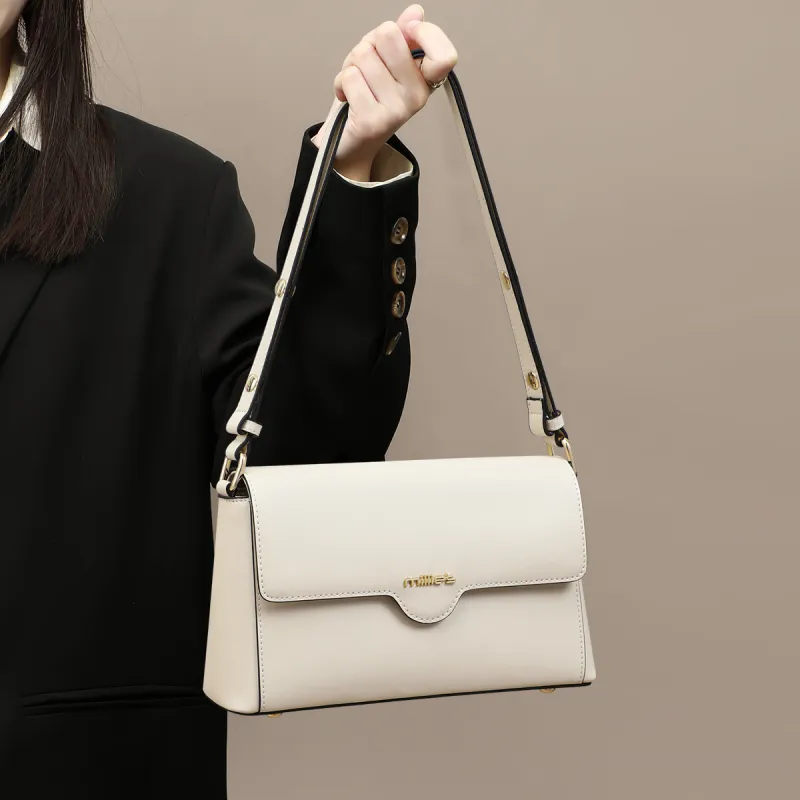 MILLIE'S Cow Leather Patchwork Synthetic Leather Small Square Bag Crossbody Bag Shoulder Bag Regular Women's Ecru-1