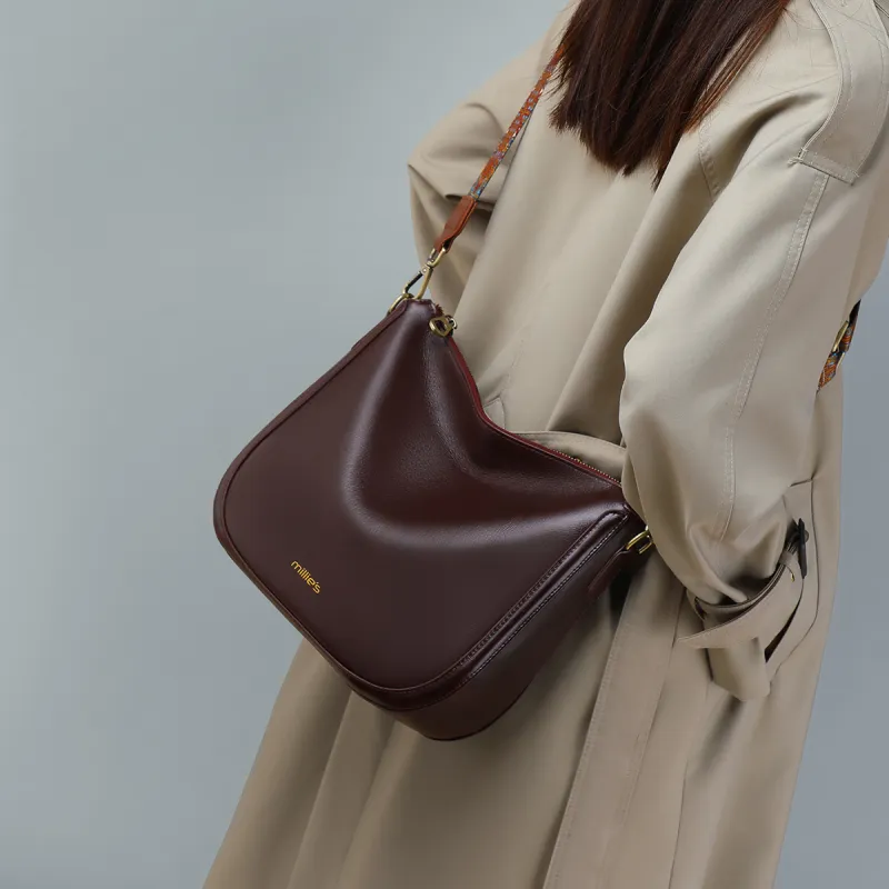 MILLIE'S Cow Leather Patchwork Synthetic Leather Saddle Bag Shoulder Bag Regular Women's Coffee/Black-1