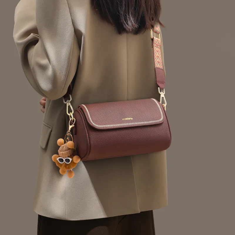 MILLIE'S Cow Leather With Synthetic Leather Pillow Bag, Cylinder Bag, Shoulder Bag, Crossbody Bag Women's Coffee-1