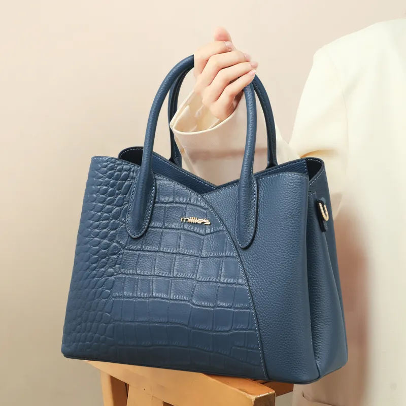 MILLIE'S Cow Leather With Synthetic Leather Handbag, Shoulder Bag, Tote Large Size Women's Blue-1