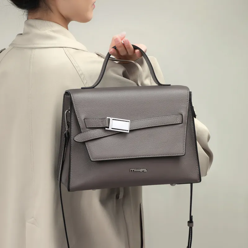 MILLIE'S Cow Leather Patchwork Synthetic Leather Handbags Shoulder Bag Crossbody Bag Regular Women's Gray/Black-2