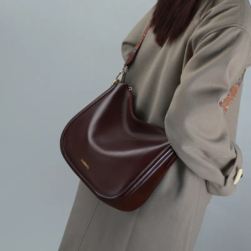 MILLIE'S Cow Leather Patchwork Synthetic Leather Saddle Bag Shoulder Bag Regular Women's Coffee/Black-2