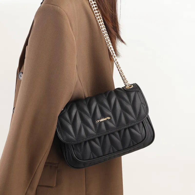 MILLIE'S Cow Leather Patchwork Synthetic Leather Crossbody Bag Shoulder Bag Small Square Bag Regular Women's Black-2