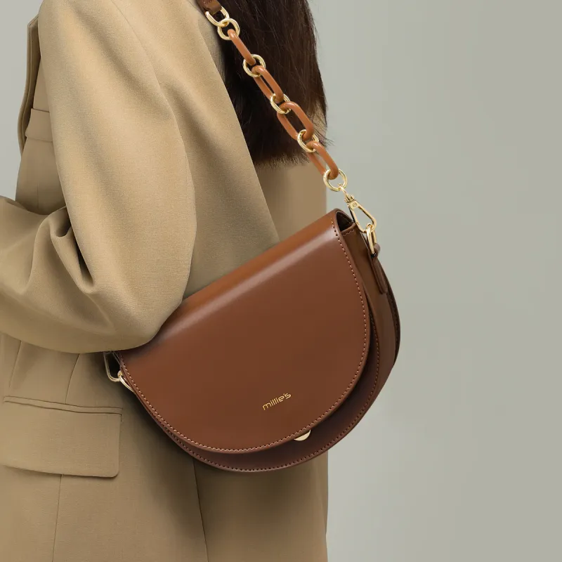 MILLIE'S Cow Leather With Synthetic Leather Saddle Bag, Shoulder Bag Regular Women's Cocoa Brown-1