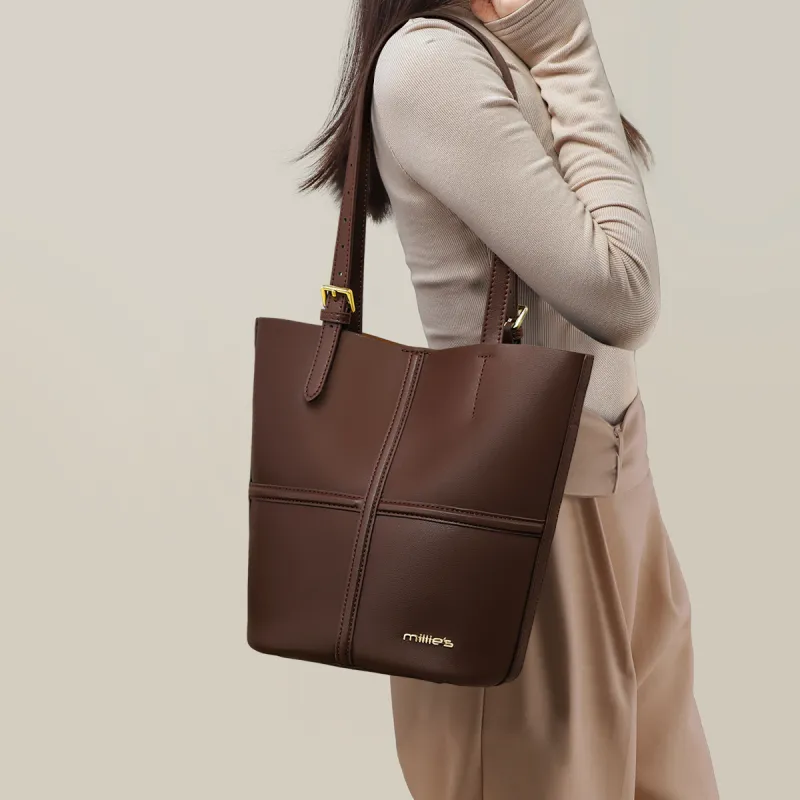 MILLIE'S Cow Leather Shoulder Bag Regular Women's Coffee/Cookie-1
