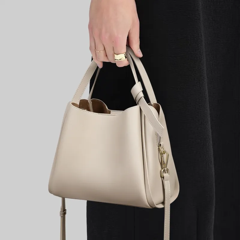 MILLIE'S Cow Leather Shoulder Bag, Crossbody Bag, Handbag Regular Women's Light Apricot/Gray White-8