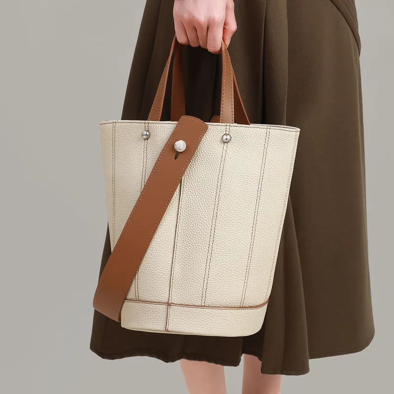 MILLIE'S Cow Leather Bucket Bag, Shoulder Bag, Crossbody Bag, Handbag Regular Women's White & Multicolor/Milk Tea-2