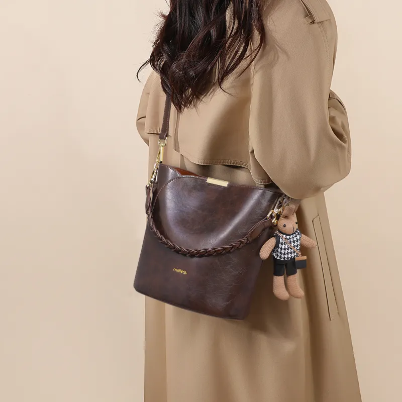 MILLIE'S Cow Leather With Synthetic Leather Portable One Shoulder Bucket Bag, Crossbody Bag Regular Women's Coffee-1