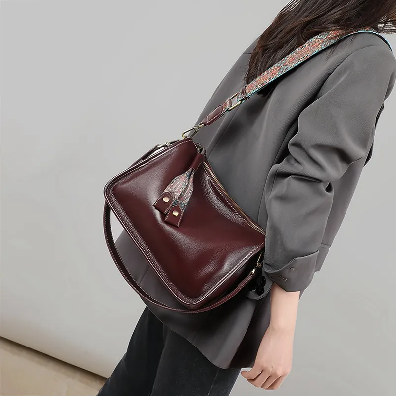 MILLIE'S Cow Leather Shoulder Bag Crossbody Bag Boston Bag Regular Women's Dark Coffee/Caramel-4