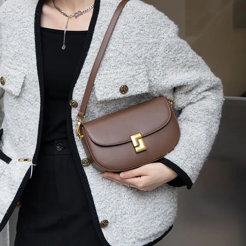 MILLIE'S Cow Leather With Synthetic Leather Saddle Bag, Shoulder Bag Women's Coffee-4