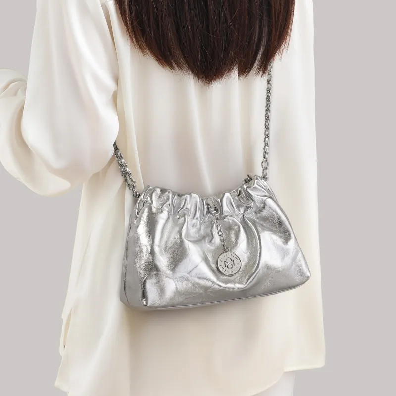 MILLIE'S Cow Leather Patchwork Synthetic Leather Shoulder Bag Crossbody Bag Chain Cloud Bag Regular Women's Silver-1