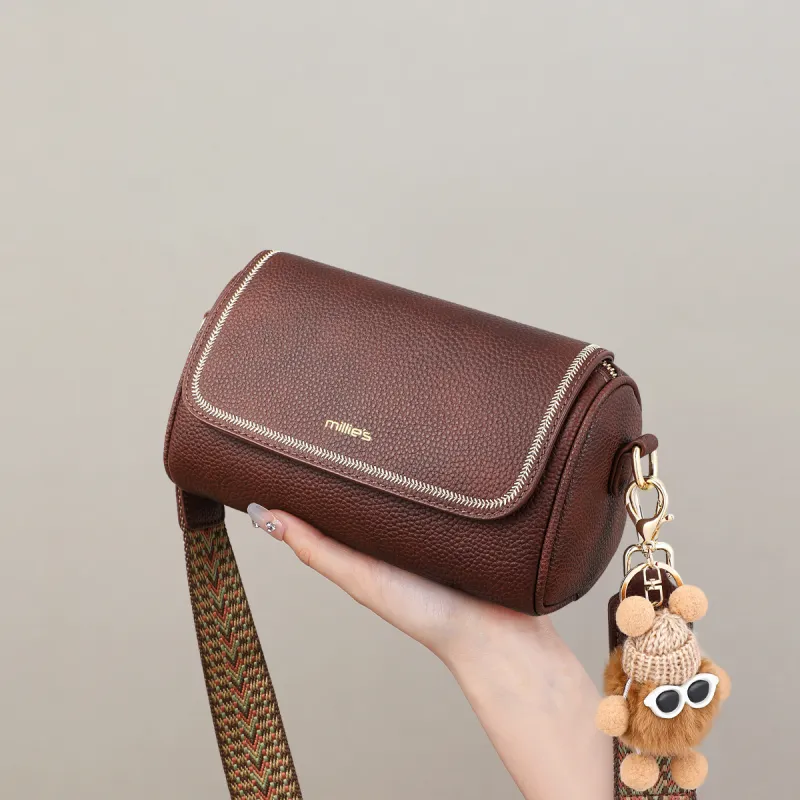 MILLIE'S Cow Leather With Synthetic Leather Pillow Bag, Cylinder Bag, Shoulder Bag, Crossbody Bag Women's Coffee-3