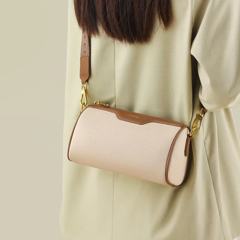 MILLIE'S Cow Leather With Synthetic Leather Shoulder Bag, Crossbody Bag, Cylinder Bag Regular Women's White & Brown-2