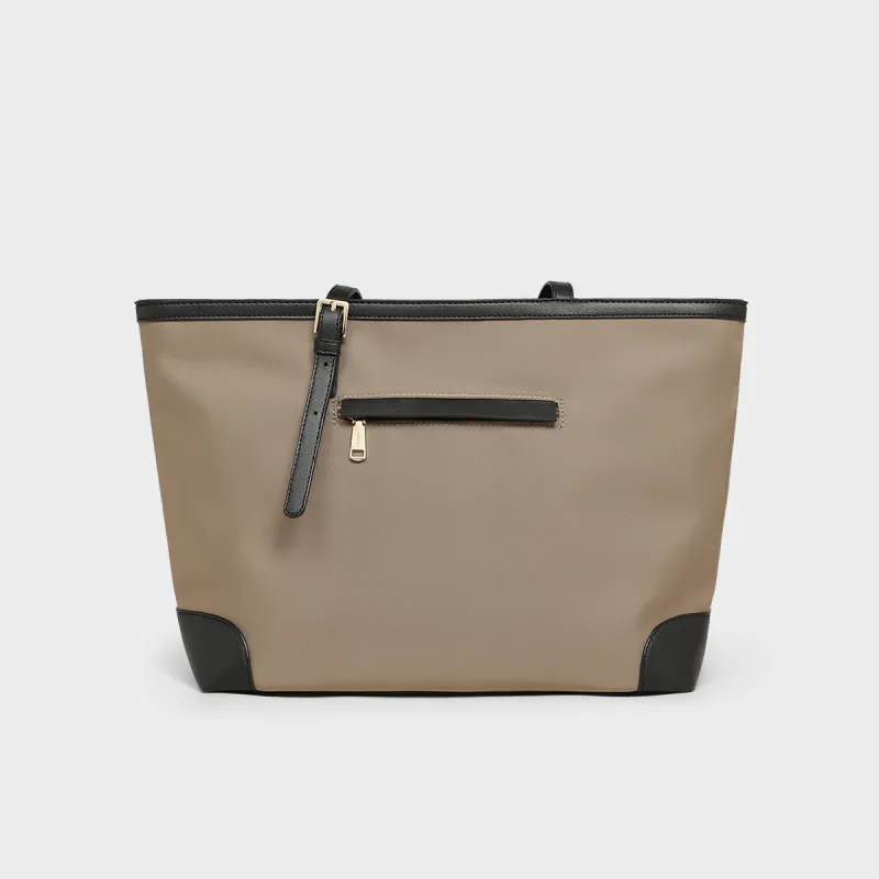 MILLIE'S _Argument Fabric With Synthetic Leather Tote Bag Shoulder Bag Large Size Women's Gray Coffee-4