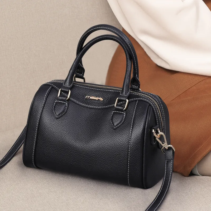MILLIE'S Cow Leather With Synthetic Leather Handbag, Shoulder Bag, Boston Bag Regular Women's Black/Gray-3