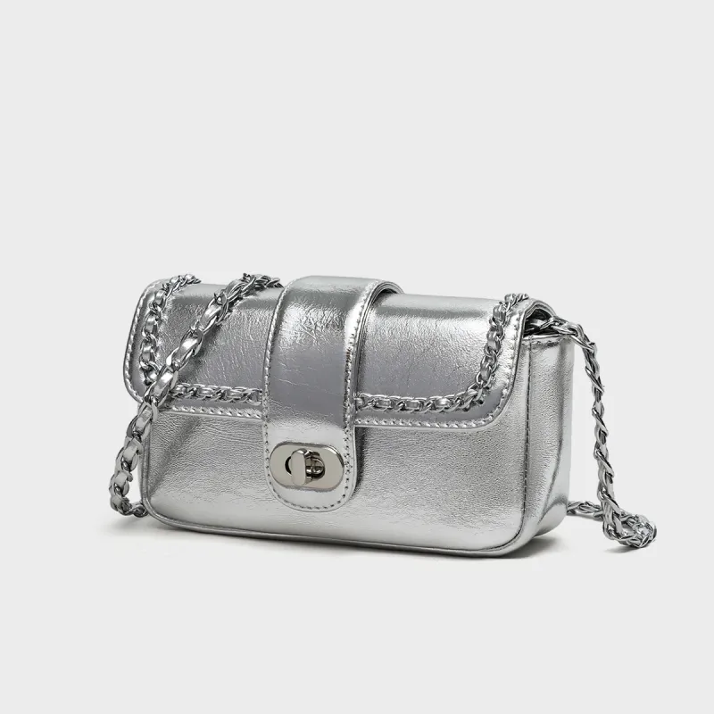 MILLIE'S Cow Leather Patchwork Synthetic Leather One Shoulder Chain Saddle Bag Crossbody Bag Regular Women's Silver-1