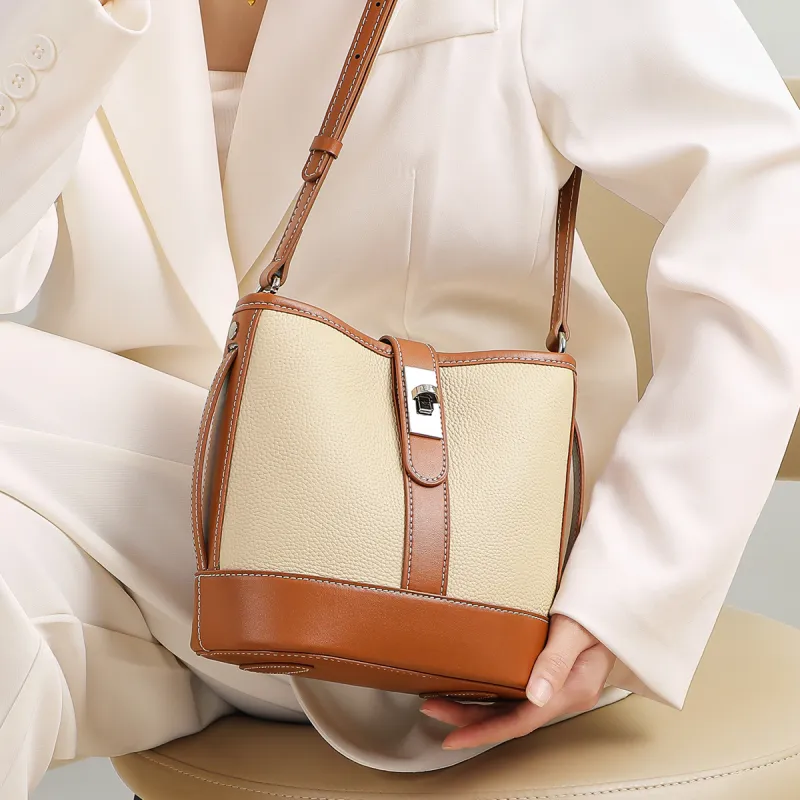 MILLIE'S Cow Leather Bucket Bag, Shoulder Bag, Crossbody Bag Regular Women's White & Brown-1