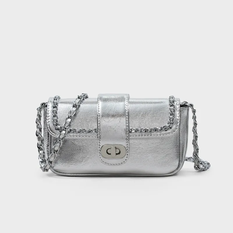 MILLIE'S Cow Leather Patchwork Synthetic Leather One Shoulder Chain Saddle Bag Crossbody Bag Regular Women's Silver-2