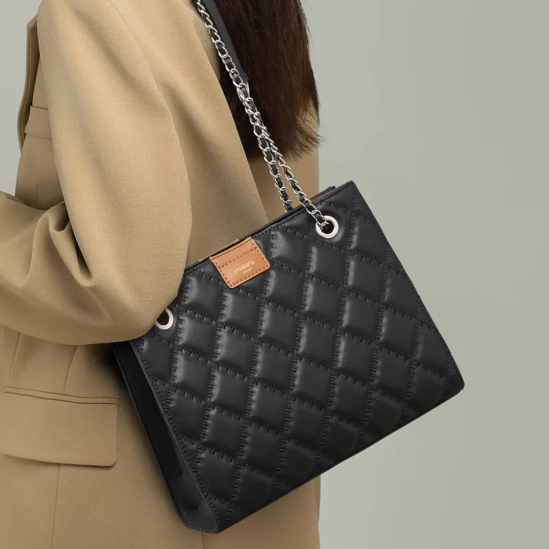 MILLIE'S Cow Leather With Synthetic Leather Tote Bag, Shoulder Bag Regular Women's Black-3