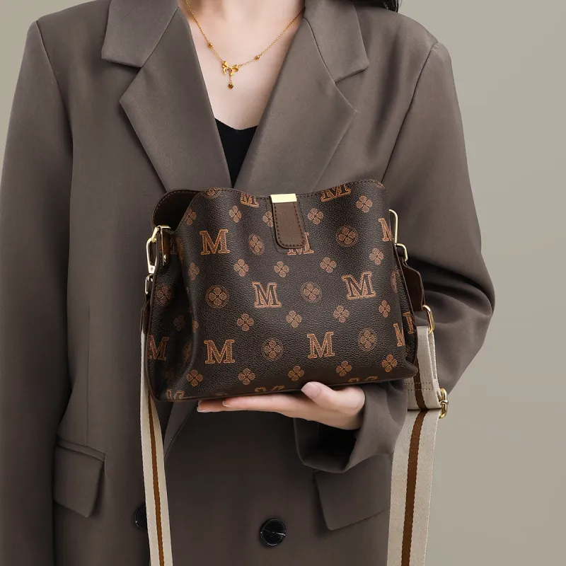 MILLIE'S Synthetic Leather Shoulder Bag, Crossbody Bag Medium Size Women's Coffee/Ecru-1