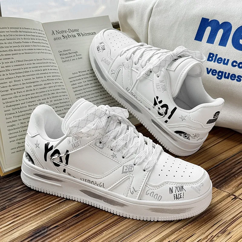 OUGLEMEN Anti Slip Wear Resistant Low Top Skateboard Shoes Unisex White Box-2