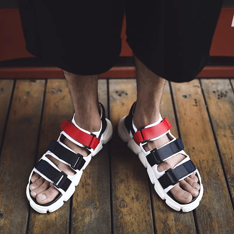 OUGLEMEN Beach Sandals Men White Blue/Beige/Black White-3