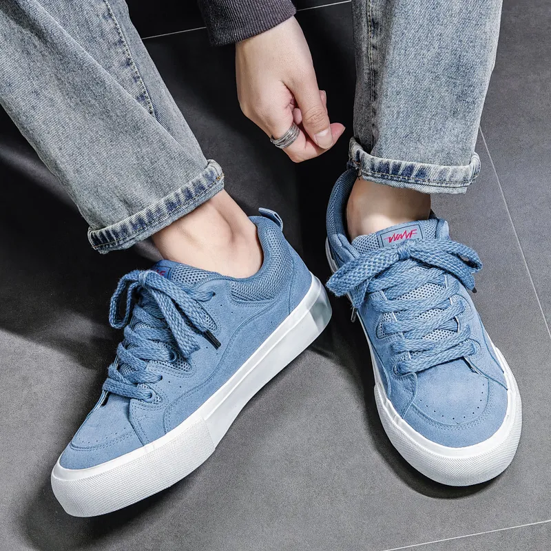 OUGLEMEN Slip Resistant Cushioning Impact Resistance Wear Resistant Low Top Skateboard Shoes Men's Haze Blue Box-3