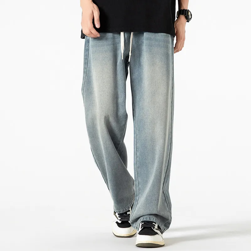 WOOD SOON Wide Leg Pants Summer Luxury Streetwear Washable Men's Casual Shoes Pants Men's Denim Blue-4