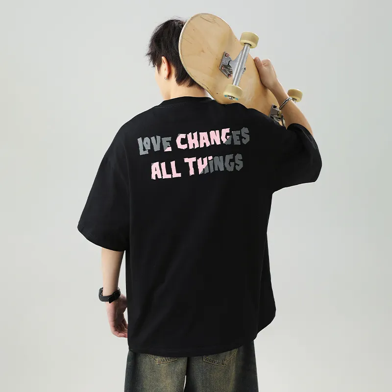 WOOD SOON Crew Neck Loose Fit Color Block Letter Print Top Unisex-5
