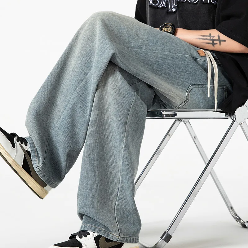 WOOD SOON Wide Leg Pants Summer Luxury Streetwear Washable Men's Casual Shoes Pants Men's Denim Blue-11