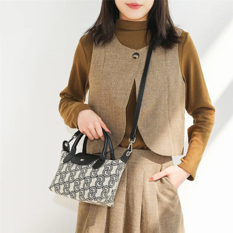 Dubaolu Fabric Handheld Shoulder Bag, Crossbody Bag Medium Size Women's Jacquard Fabric/Black-3