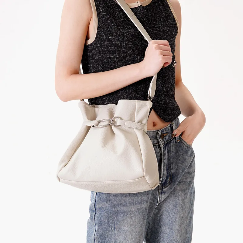 Dubaolu Synthetic Leather Bucket Bag, Shoulder Bag Medium Size Women's Black/Ecru-12